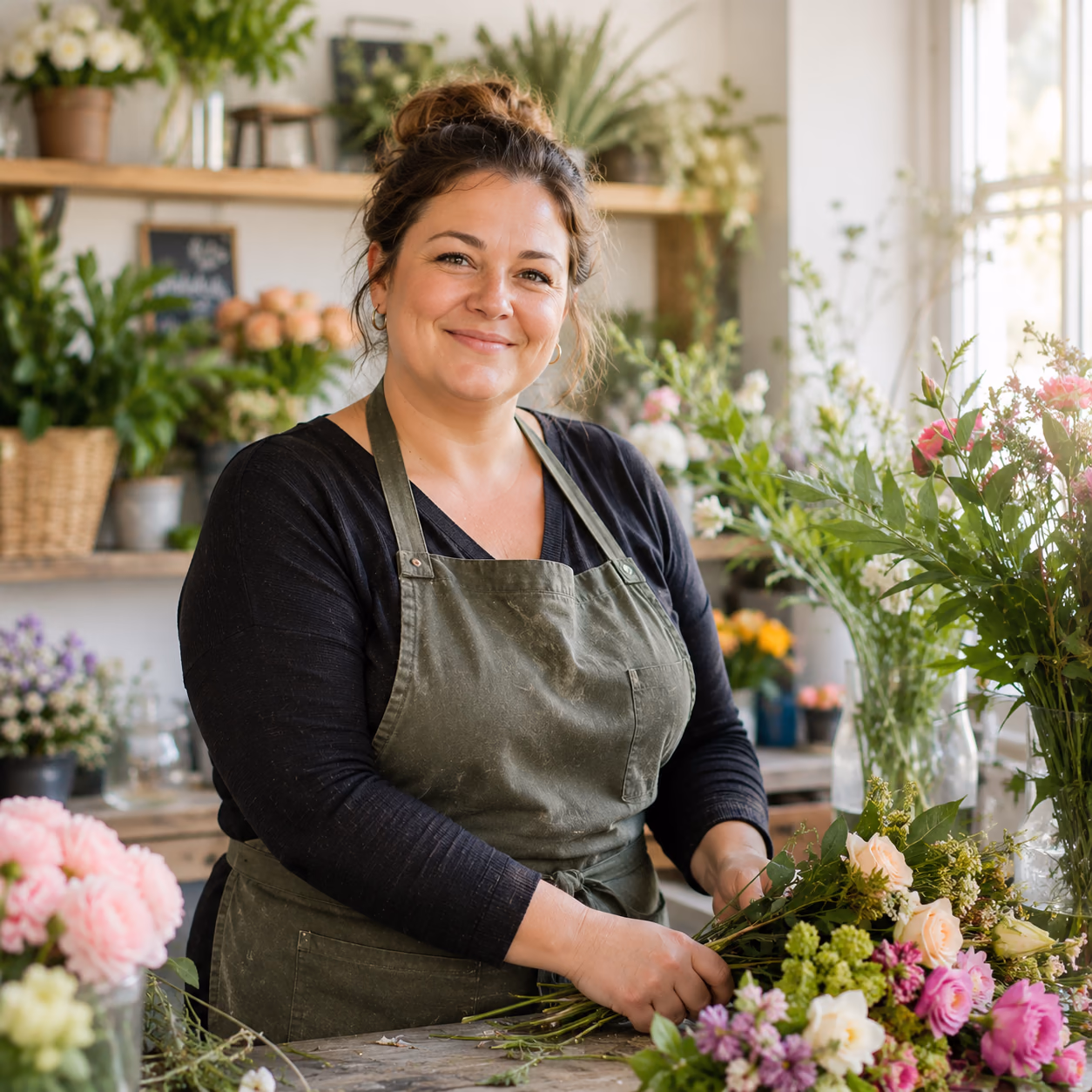 Florist arranging a bouquet in her shop