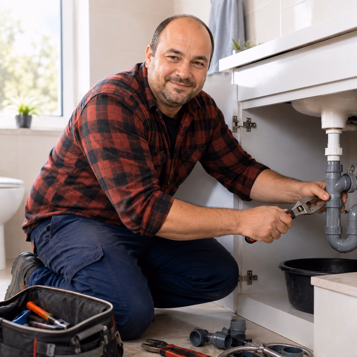 Plumber fixing a pipe under a sink