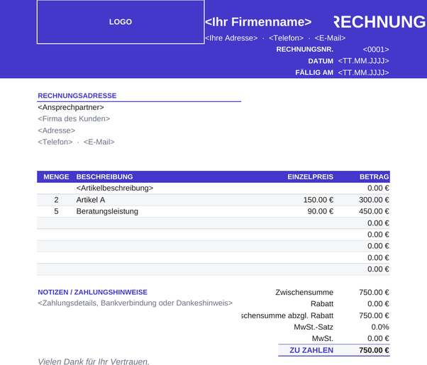 Kräftige Rechnungsvorlage