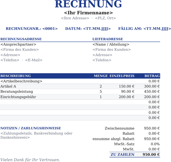 Zentrierte Rechnungsvorlage
