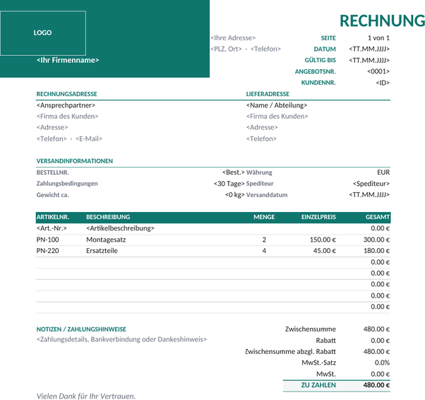 Rechnungsvorlage für Unternehmen