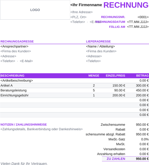 Rechnungsvorlage Anzahlung