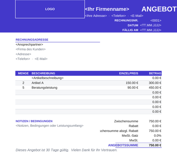 Kräftige Angebotsvorlage