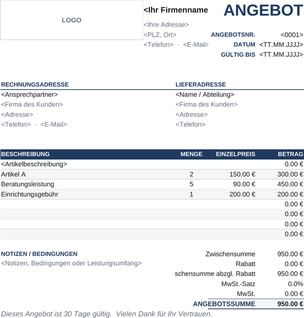 Klassische Angebotsvorlage