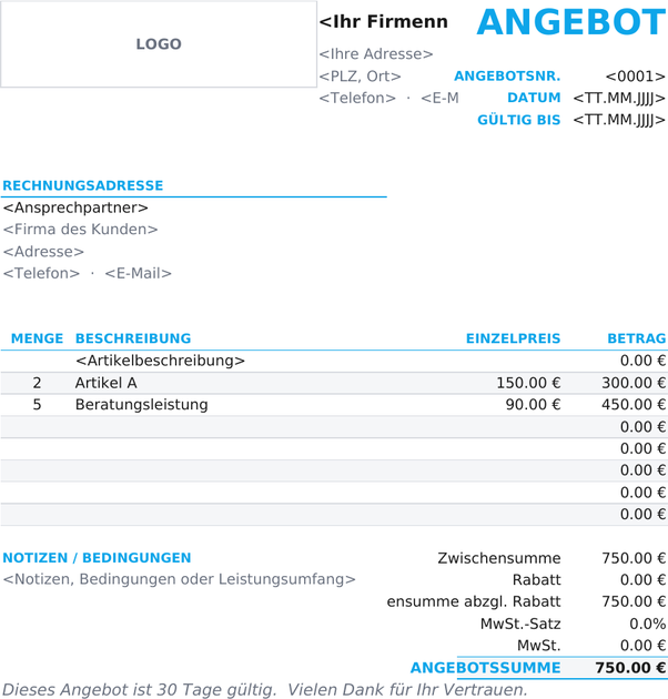 Kompakte Angebotsvorlage