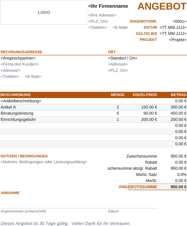 Angebotsvorlage Handwerker