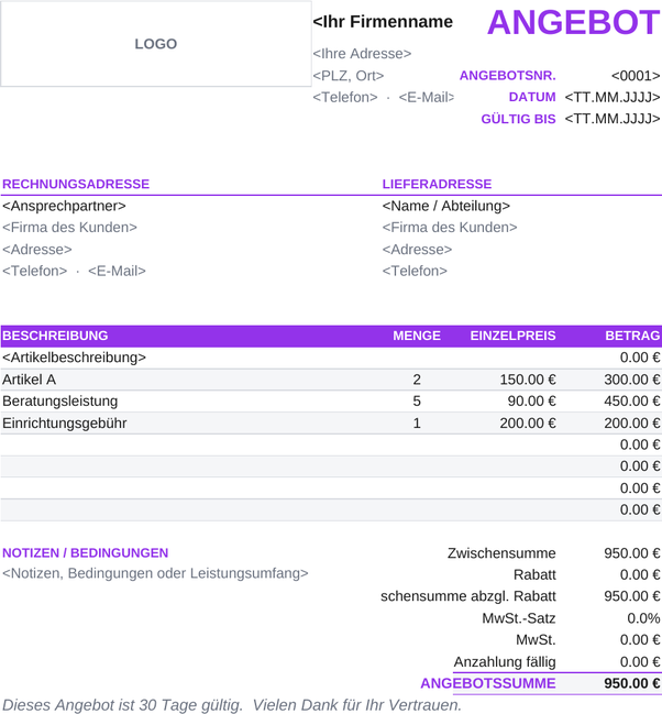 Angebotsvorlage mit Anzahlung