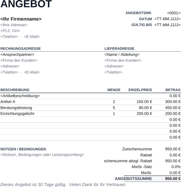Minimalistische Angebotsvorlage