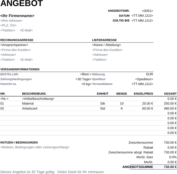 Druckfreundliche Angebotsvorlage