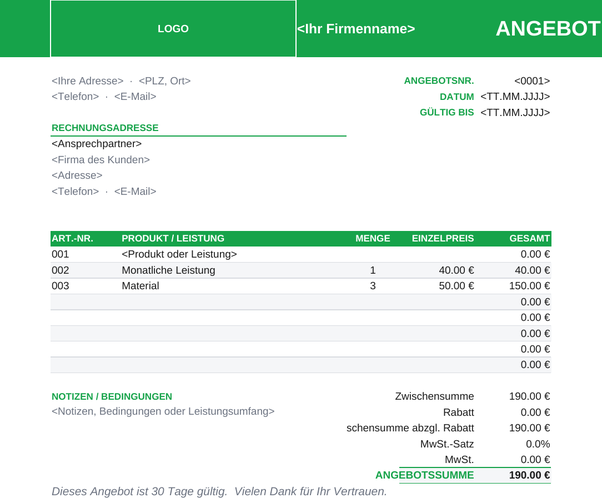 Angebotsvorlage Produkt