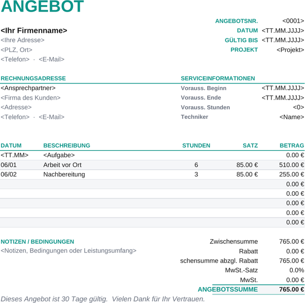 Angebotsvorlage Dienstleistung