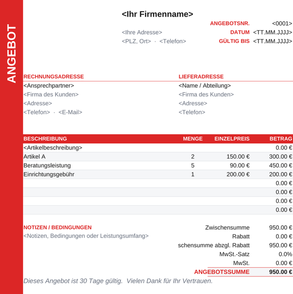 Angebotsvorlage Seitenleiste