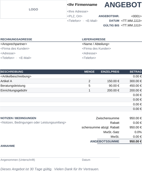 Angebotsvorlage zur Unterschrift