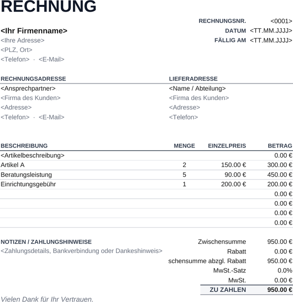 Minimalistische Rechnungsvorlage