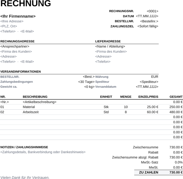 Druckfreundliche Rechnungsvorlage