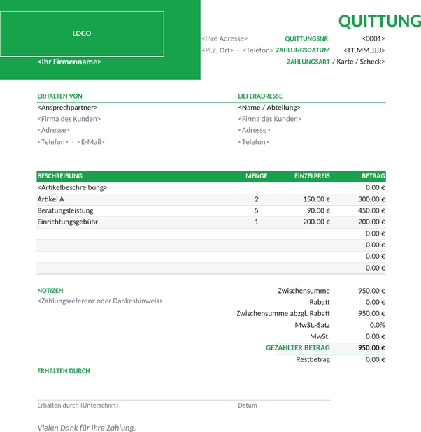 Geschäftliche Quittungsvorlage