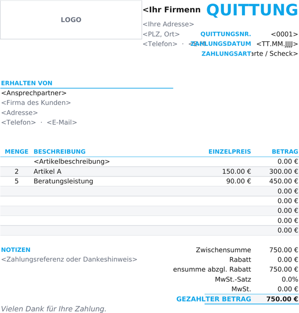 Kompakte Quittungsvorlage