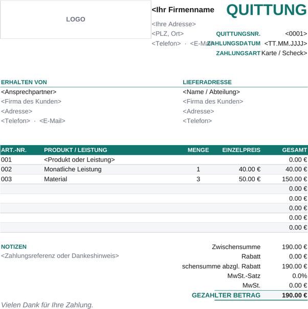 Detaillierte Quittungsvorlage