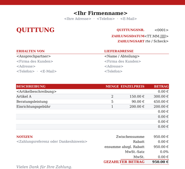Quittungsvorlage Briefkopf