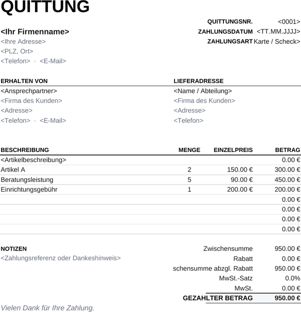Druckfreundliche Quittungsvorlage
