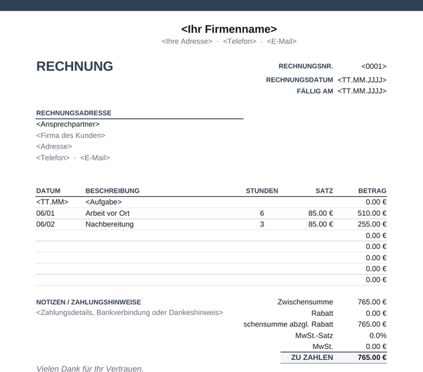 Rechnungsvorlage Aufstellung