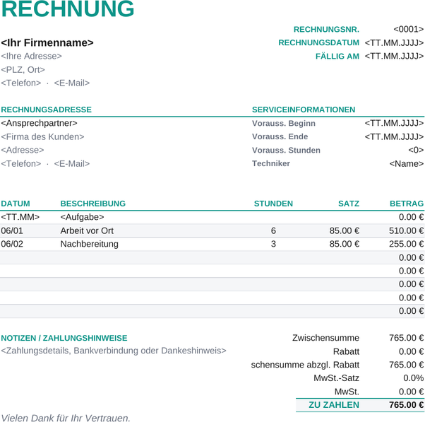 Rechnungsvorlage Stundenzettel