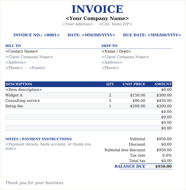 Centered invoice template