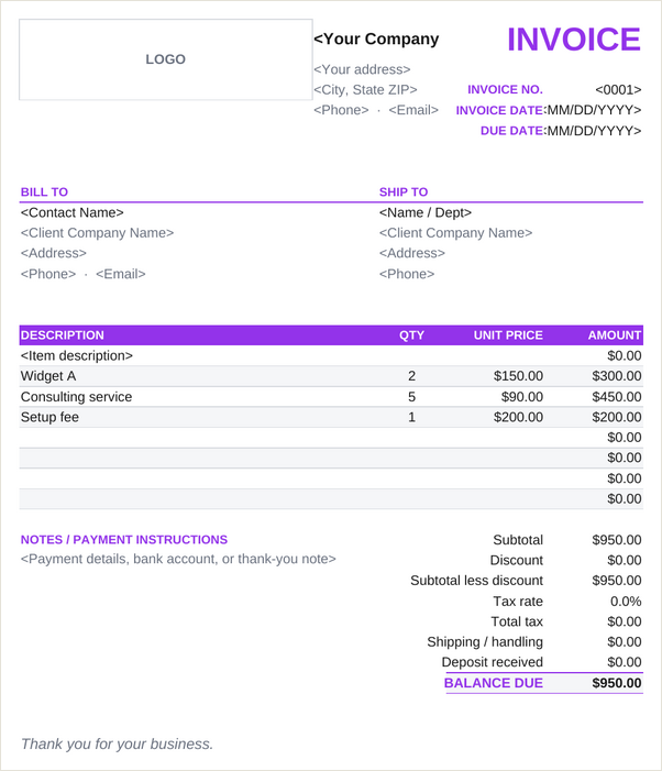 Deposit invoice template
