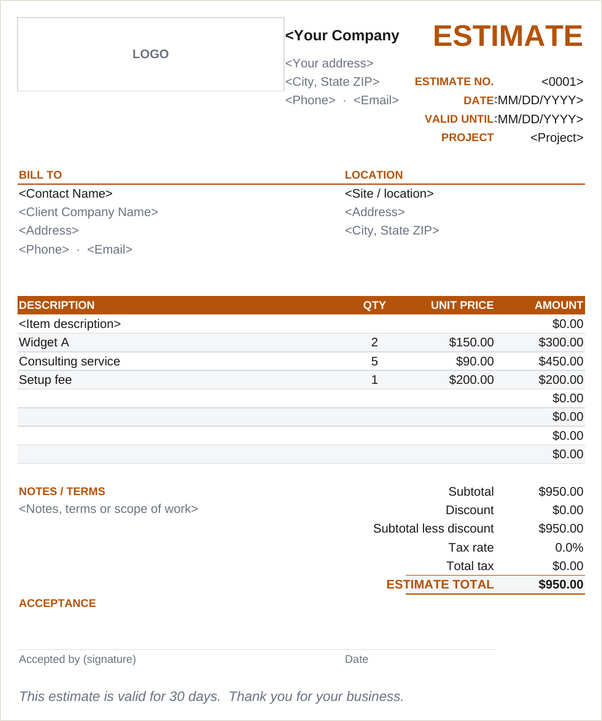 Contractor estimate template