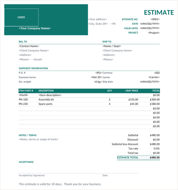 Corporate estimate template