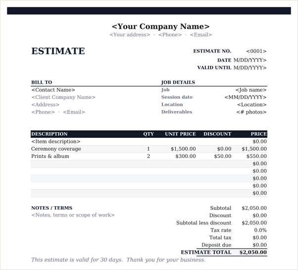 Creative estimate template