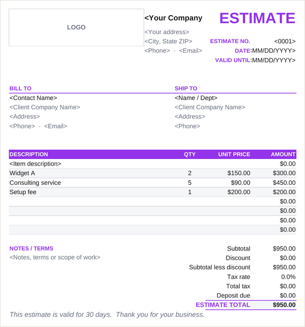 Deposit estimate template