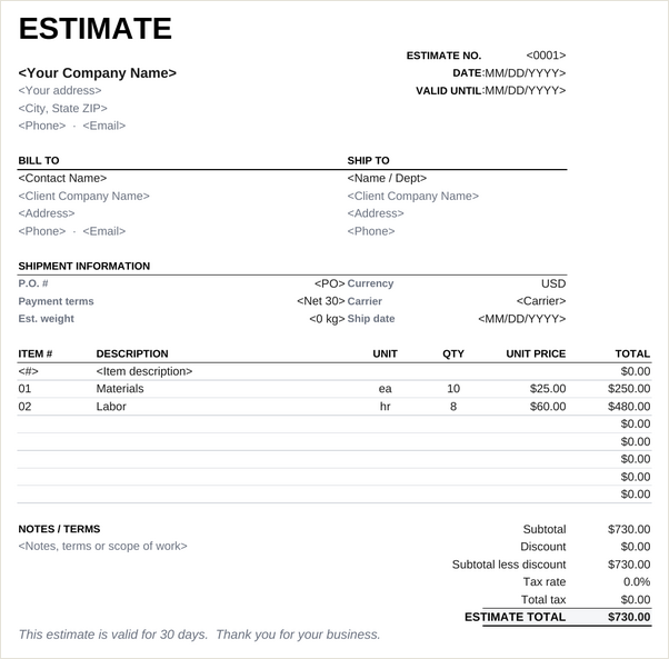 Printer Friendly estimate template