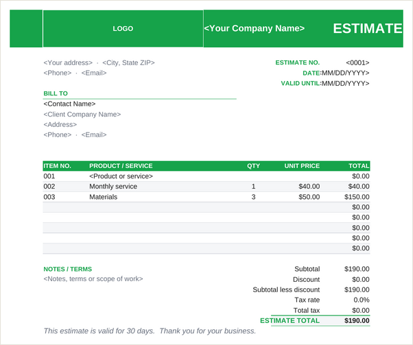 Product estimate template