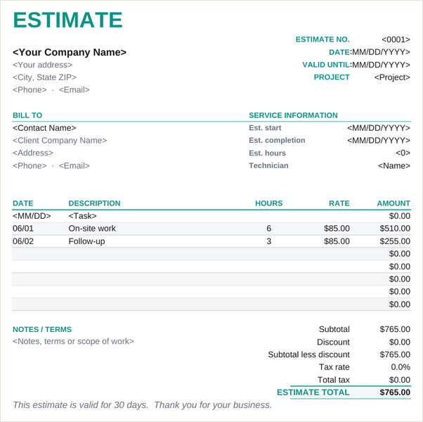 Service estimate template