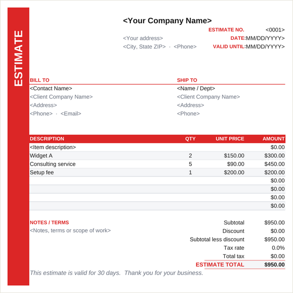 Side Rail estimate template
