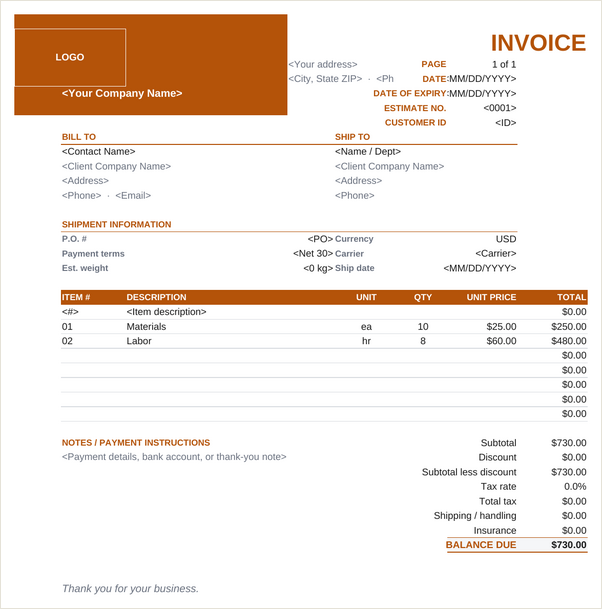 Export invoice template