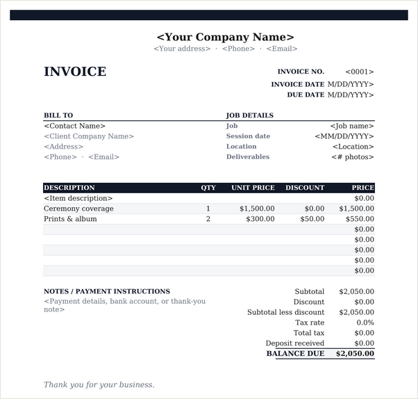 Photography invoice template