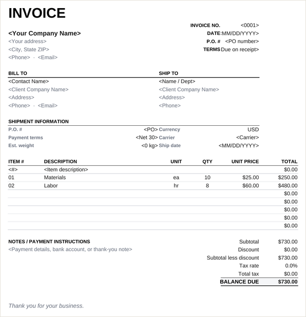 Printer Friendly invoice template