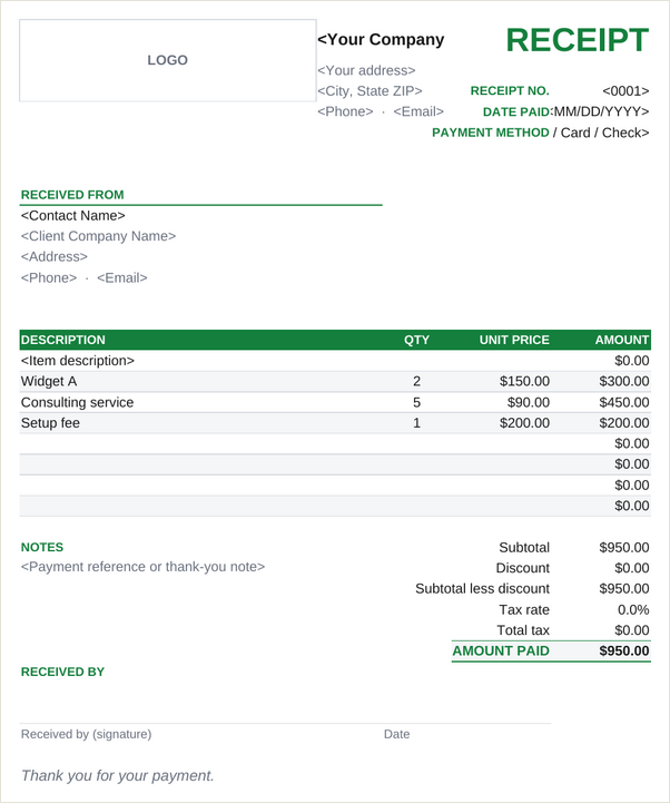 Cash receipt template