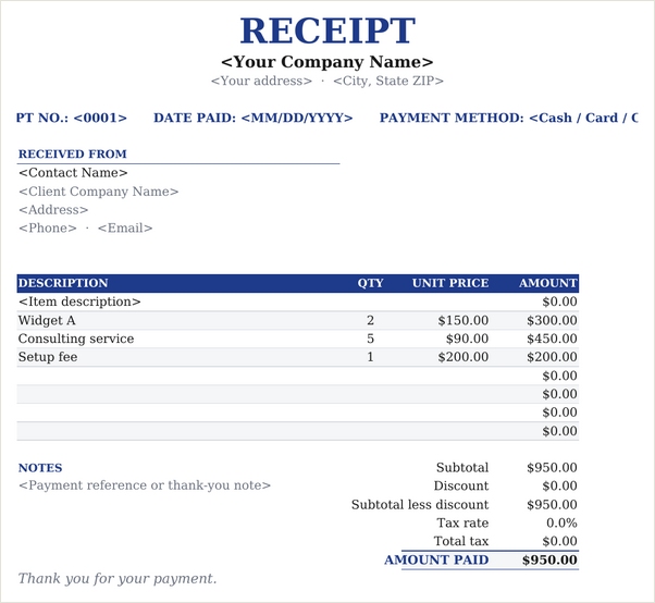 Centered receipt template