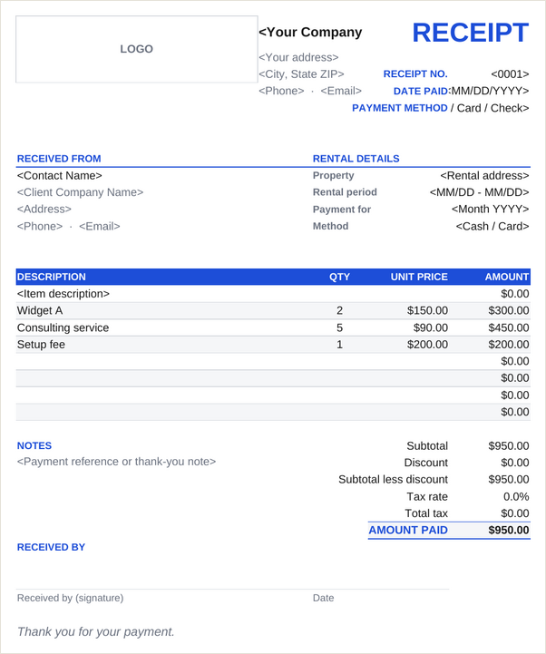 Rent receipt template