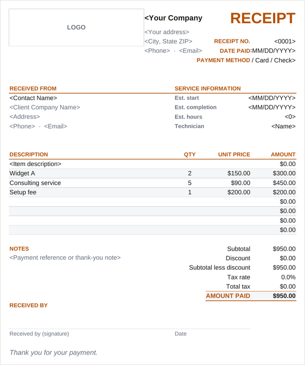 Service receipt template
