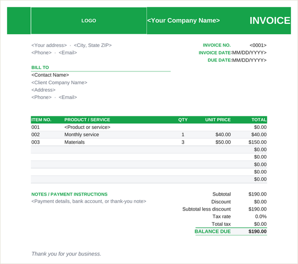 Retail invoice template