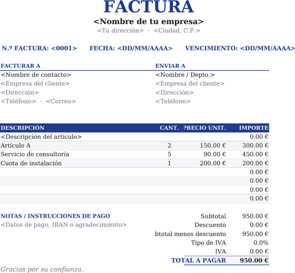 Plantilla de factura centrada