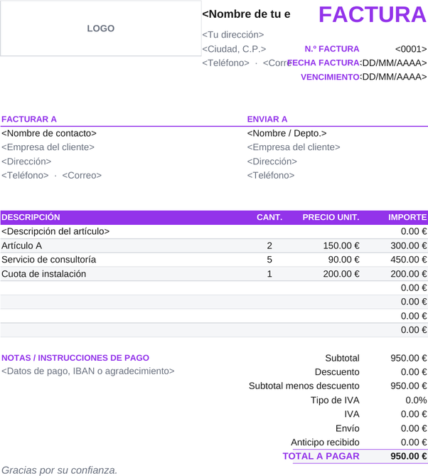 Plantilla de factura de anticipo