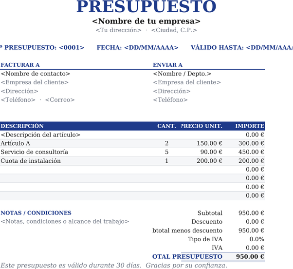 Plantilla de presupuesto centrada