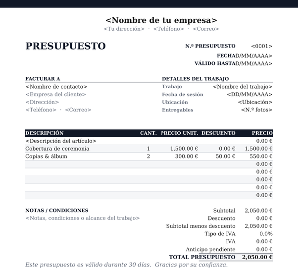 Plantilla de presupuesto creativa