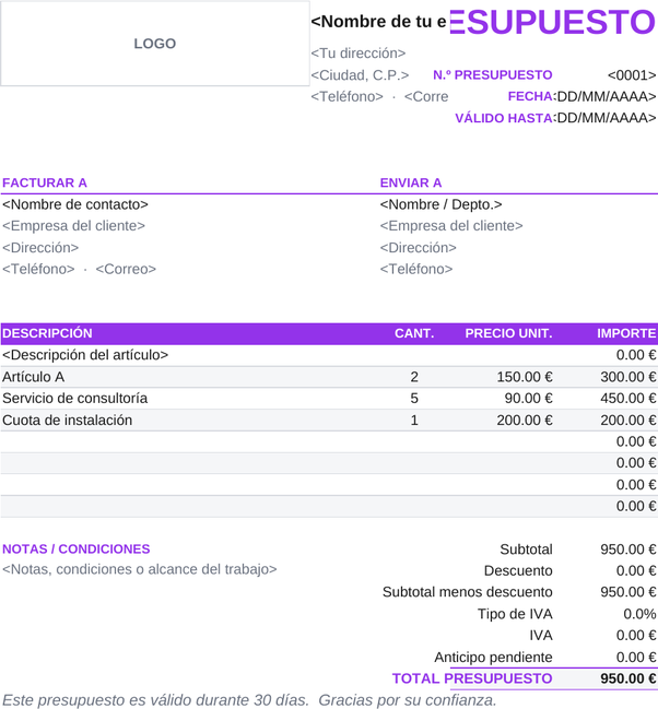 Plantilla de presupuesto con anticipo