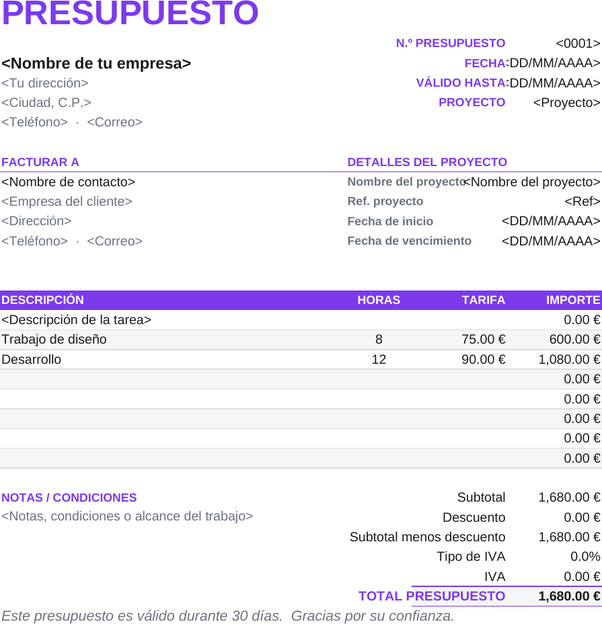 Plantilla de presupuesto freelance